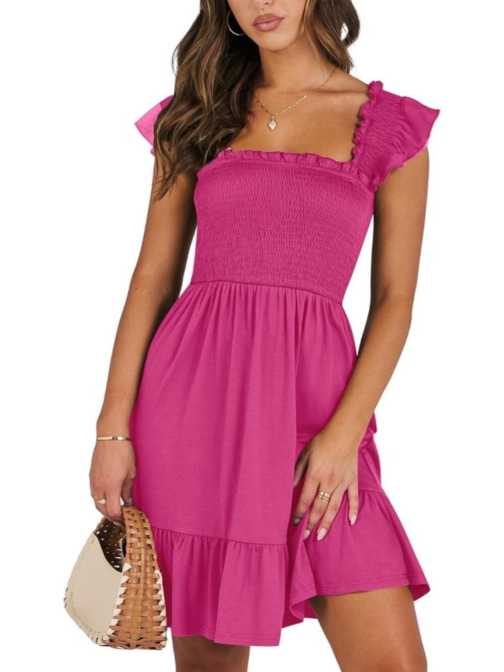 Women's Summer Sleeveless Square Neck Dress Hot Pink Smocked Ruffle Backless